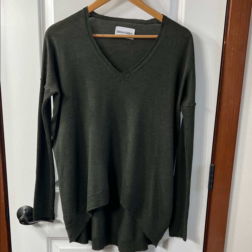 Zadig & Voltaire Deep Olive V-Neck Long Sleeve Top